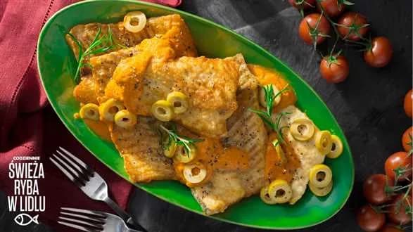 Jesiotr w sosie oliwkowym