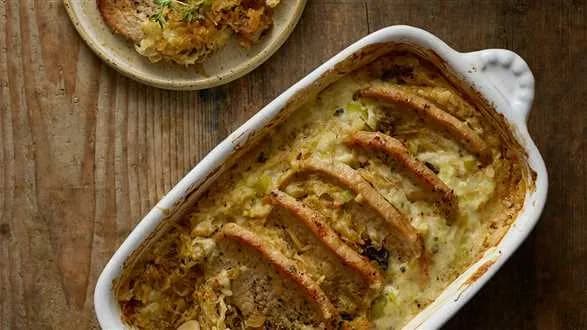 Schab w sosie porowym z duszonymi grzybami