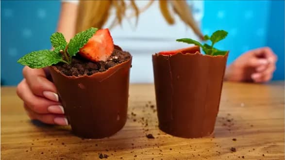 Czekoladowe doniczki z truskawkami